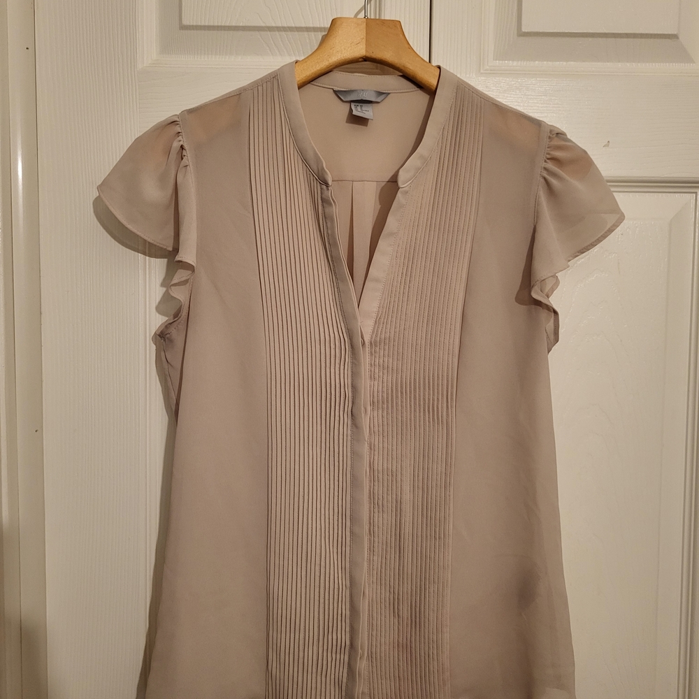 H&M Light Beige Pleated Blouse with Ruffle Sleeves